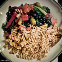 Sauteed rainbow chard with olives, pasta with homemade tomato sauce (roma tomatoes and carrot tops)